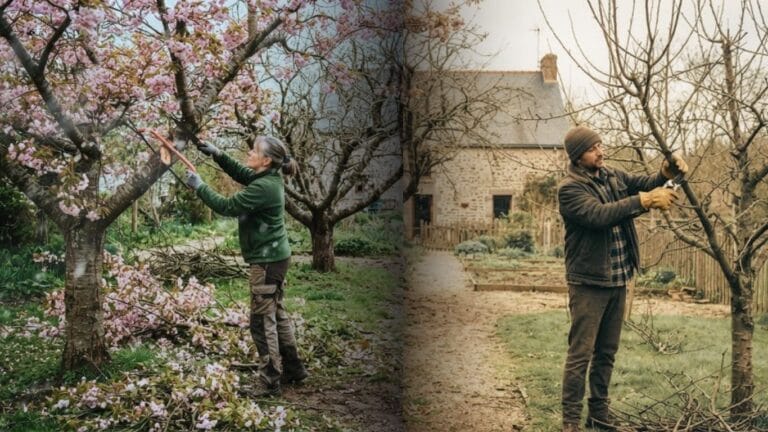 Un jardin divisé en deux scènes de taille, illustrant les erreurs à éviter selon la saison. À gauche, une femme taille un cerisier en fleurs (mauvaise pratique au printemps). À droite, un homme taille un pommier dormant (bonne pratique en hiver).